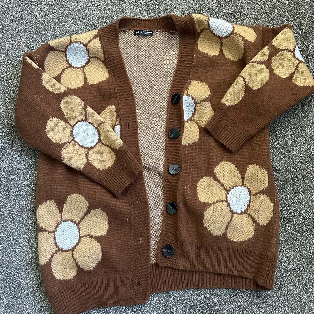 Brown Floral Cardigan with Button Closure